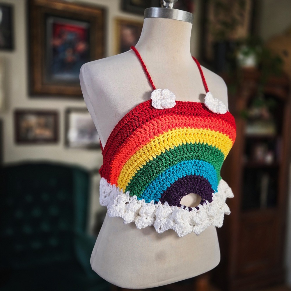 Crochet Rainbow Halter Top Handmade Festival Boho Pride Cloud Crop Top Small
